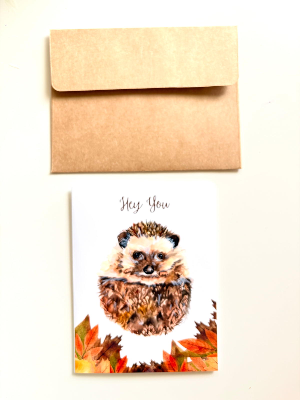 Illustrated hedgehog “Hey You” greeting card by artist Ingrid Jany with envelope