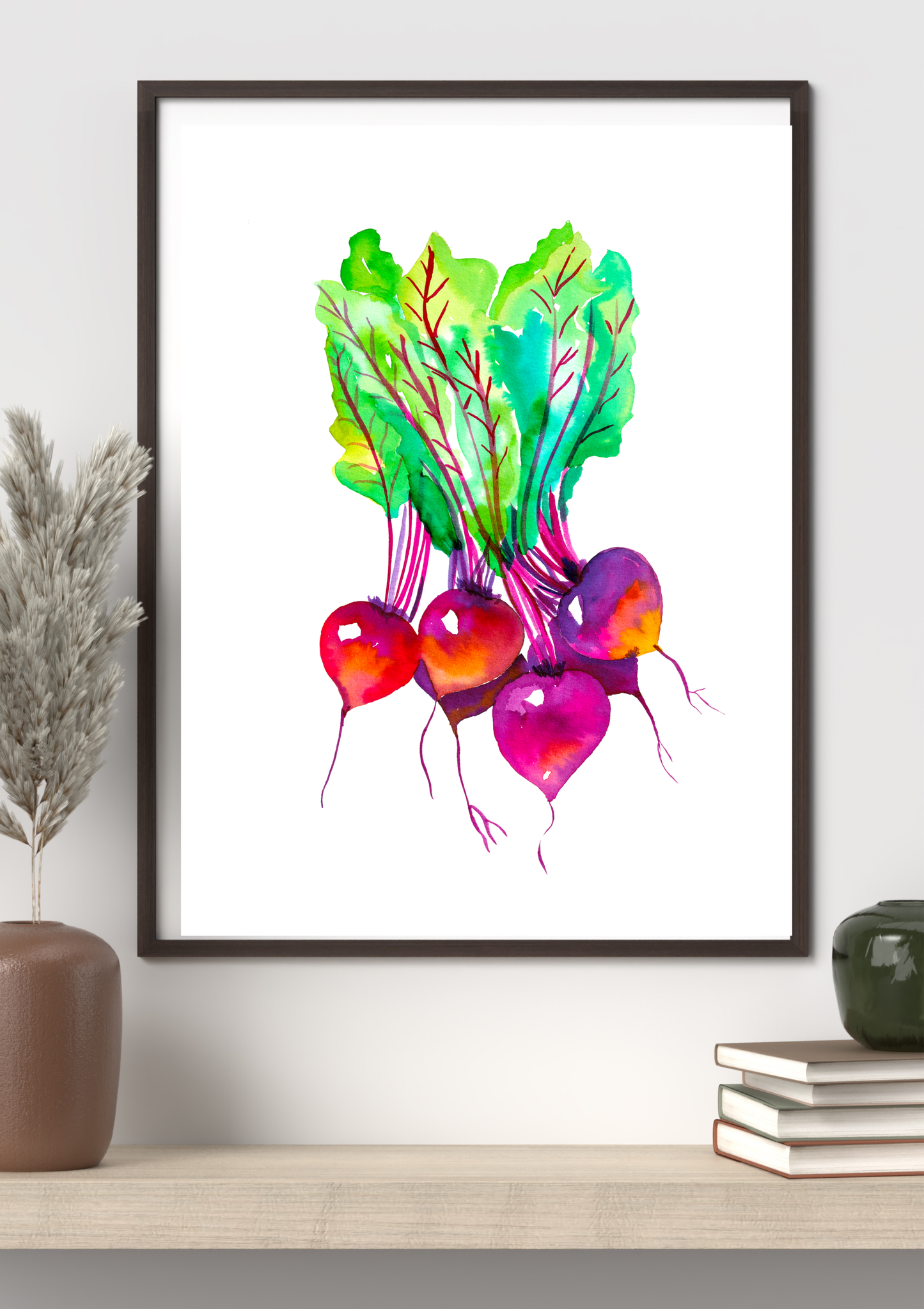 Framed artwork of colorful beets on a wall above a shelf with decorative items.