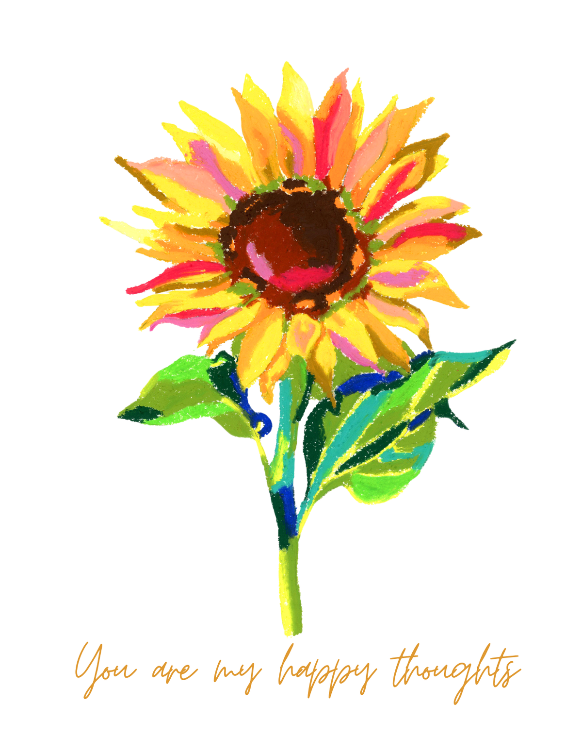 Colorful sunflower greeting card with “You Are My Happy Thoughts” message by artist Ingrid Jany