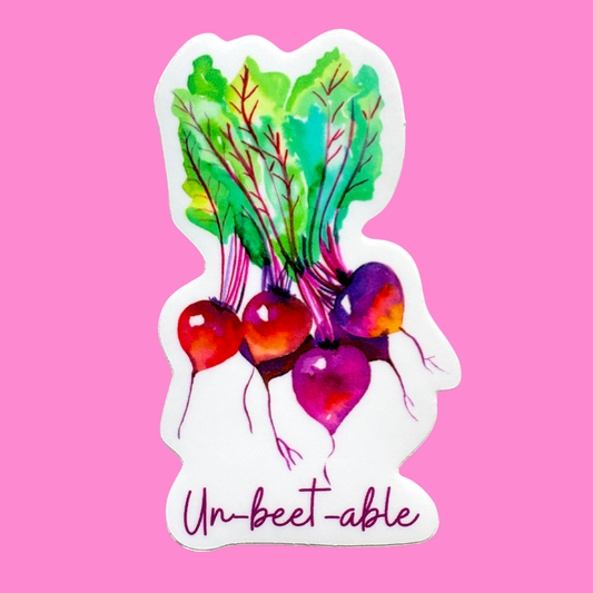 Sticker with watercolor illustration of beets and leaves on a pink background