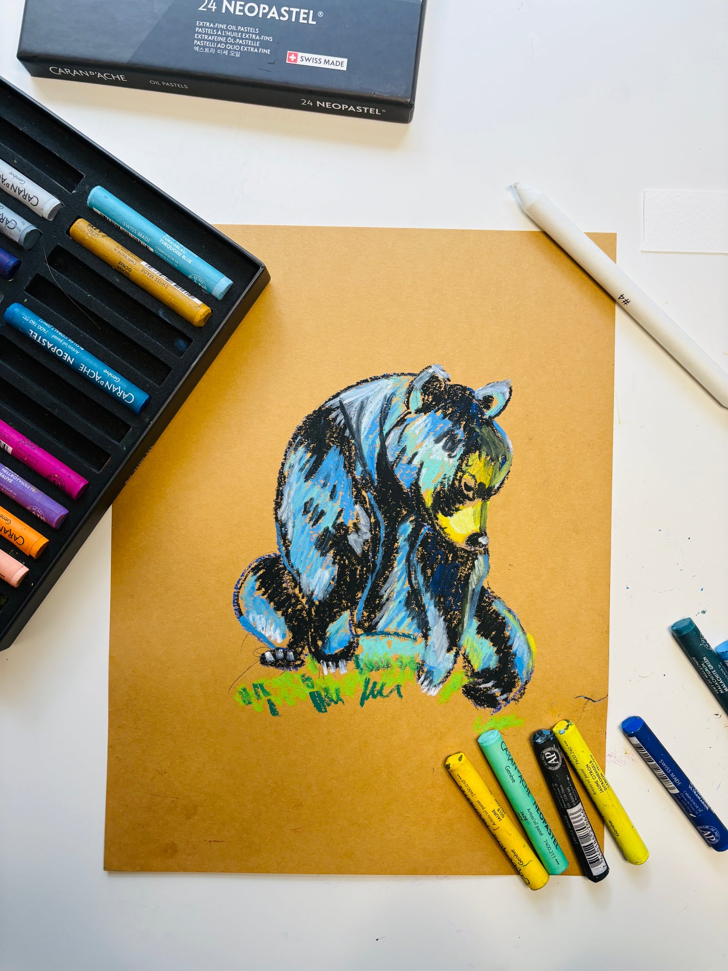 Black Bear oil Pastel illustration impressionistic style. cute pose