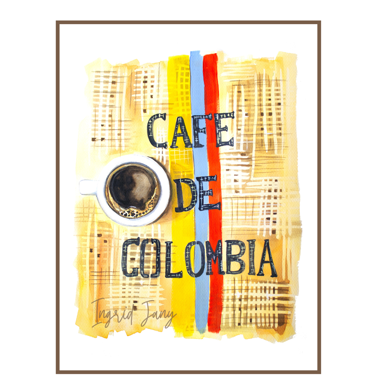 A framed art print featuring a watercolor-style illustration with the words 'CAFE DE COLOMBIA' and a cup of black coffee. The design uses yellow, white, blue, and red vertical brushstrokes over a textured background, with a thin brown frame around the print.