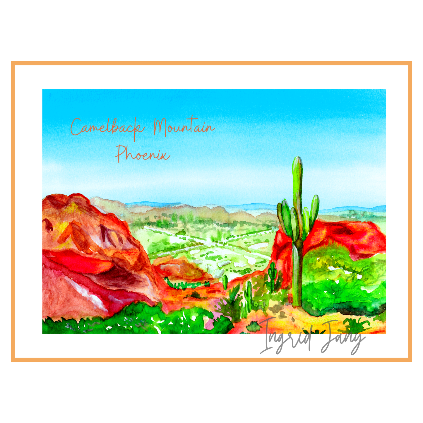 Colorful illustration of Camelback Mountain in Phoenix with cacti and red rock formations.