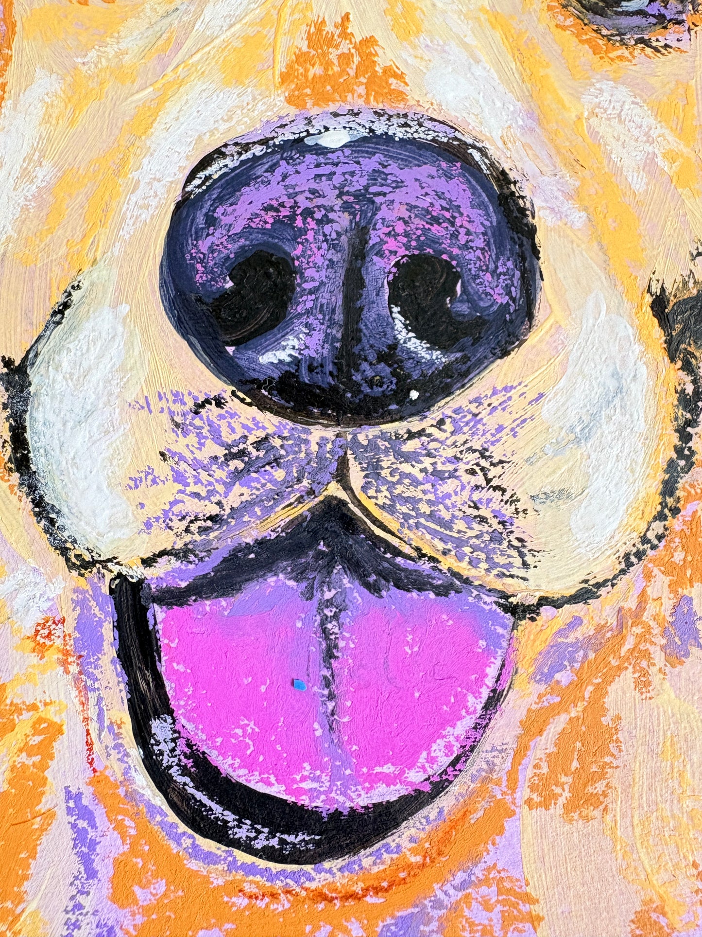 Close up of custom pet portrait showing texture of cold press watercolor paper and vibrant brushwork