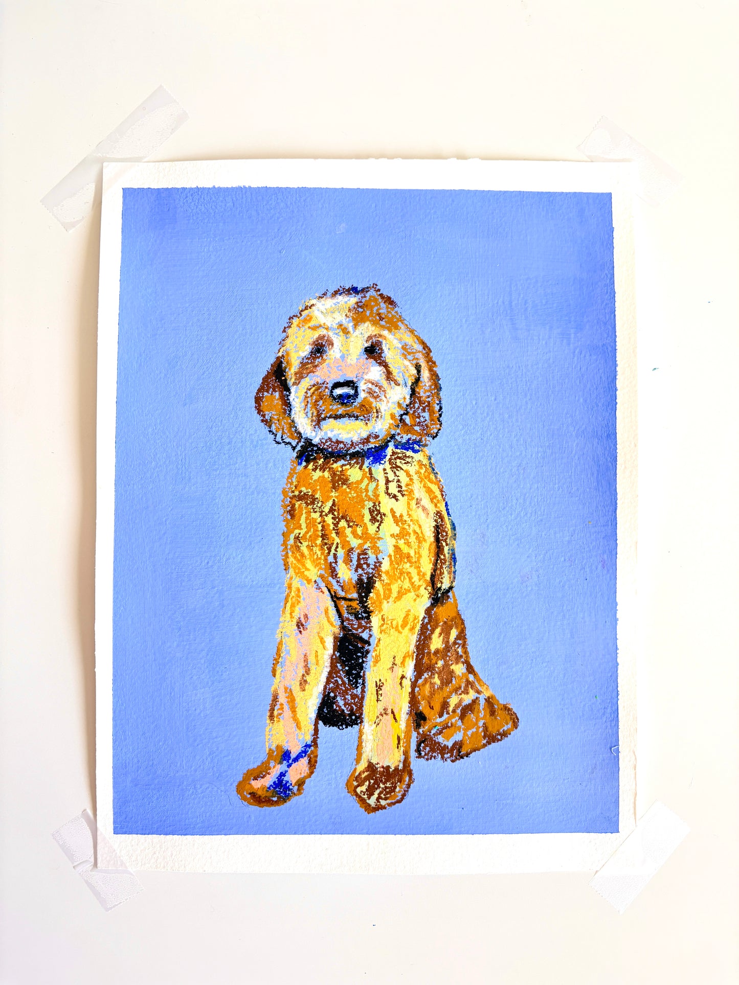 Impressionistic oil pastel pet portrait with acrylic background, bold colorful modern pet painting