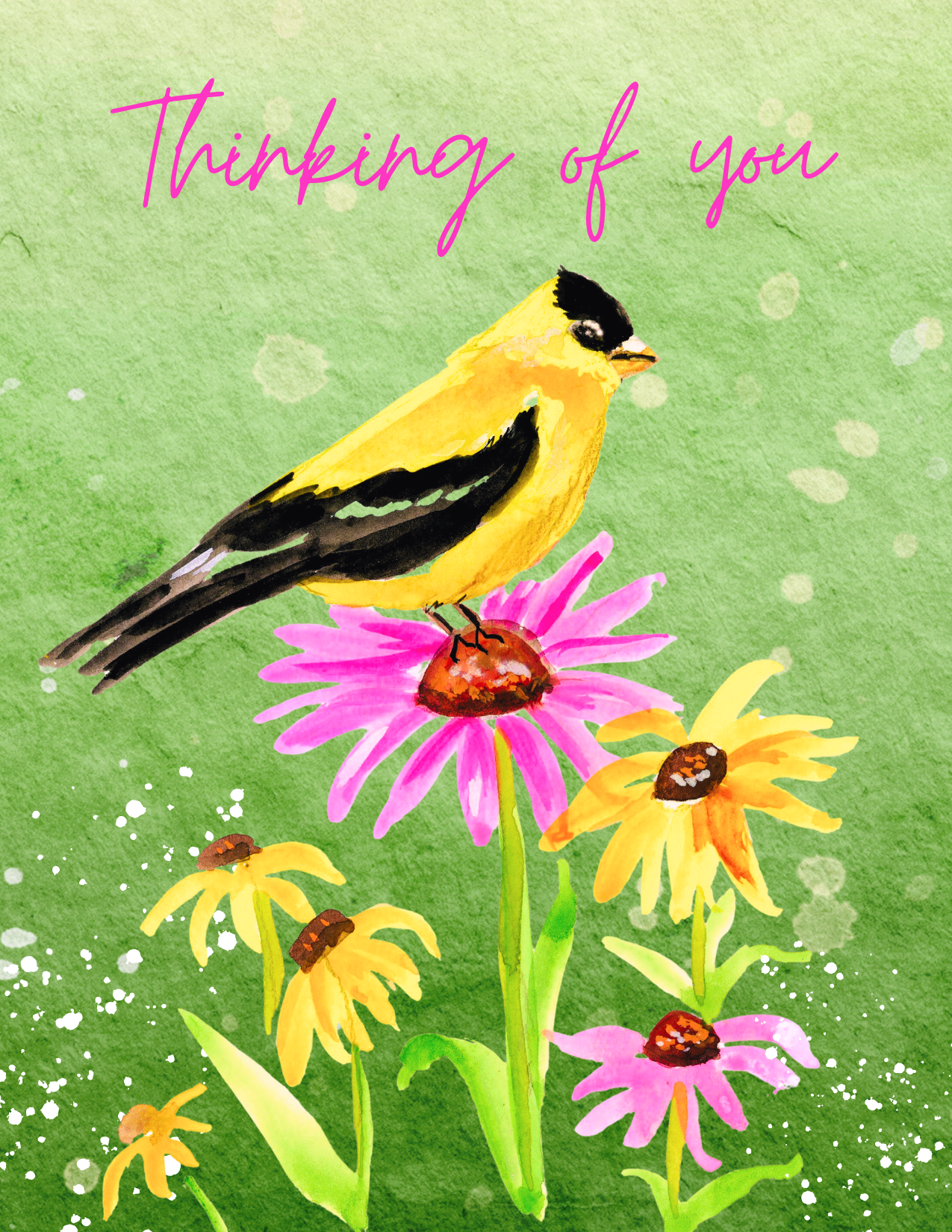 A watercolor-style greeting card design with the phrase 'Thinking of you' in pink script at the top, a yellow-and-black bird perched on a pink flower, and additional yellow and pink flowers on a textured light green background.