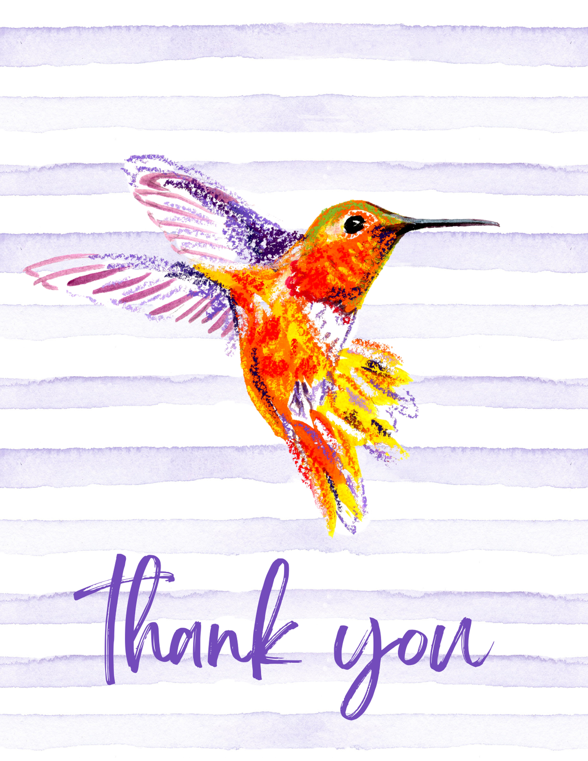 Orange hummingbird Thank You greeting card with colorful bird artwork by Ingrid Jany