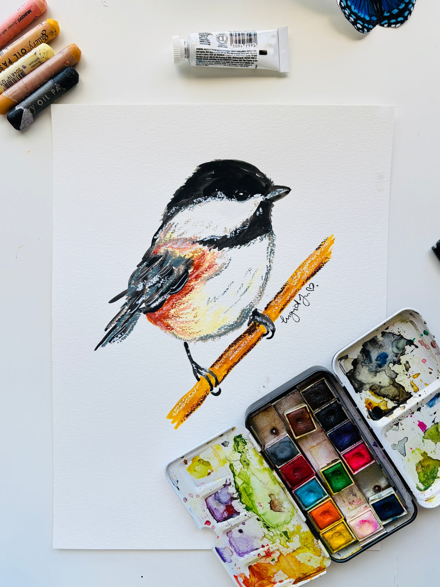 Chickadee Oil Pastels Art Print