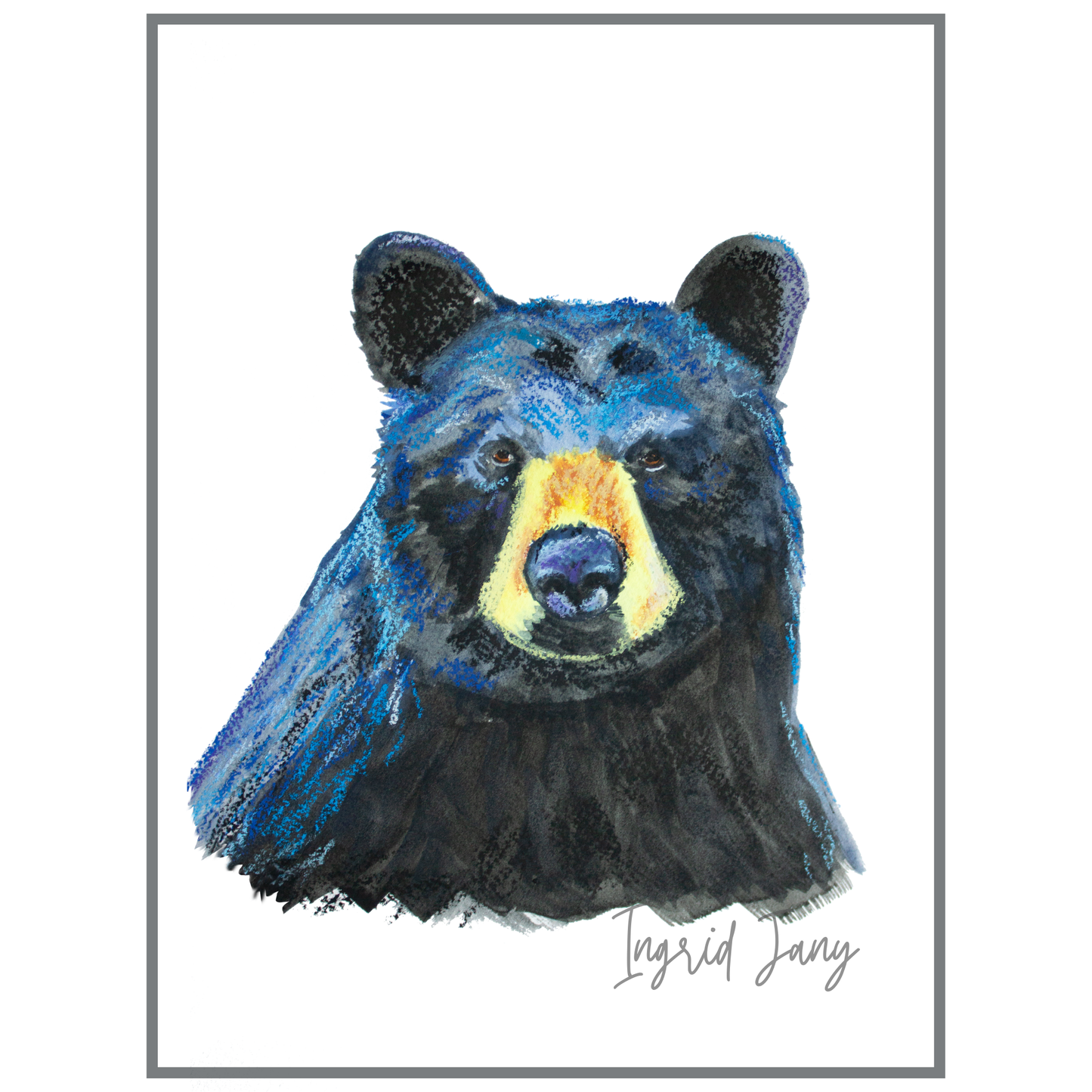 Artistic depiction of a bear's head with blue and black fur, signed 'Ingrid Jany on a white background.