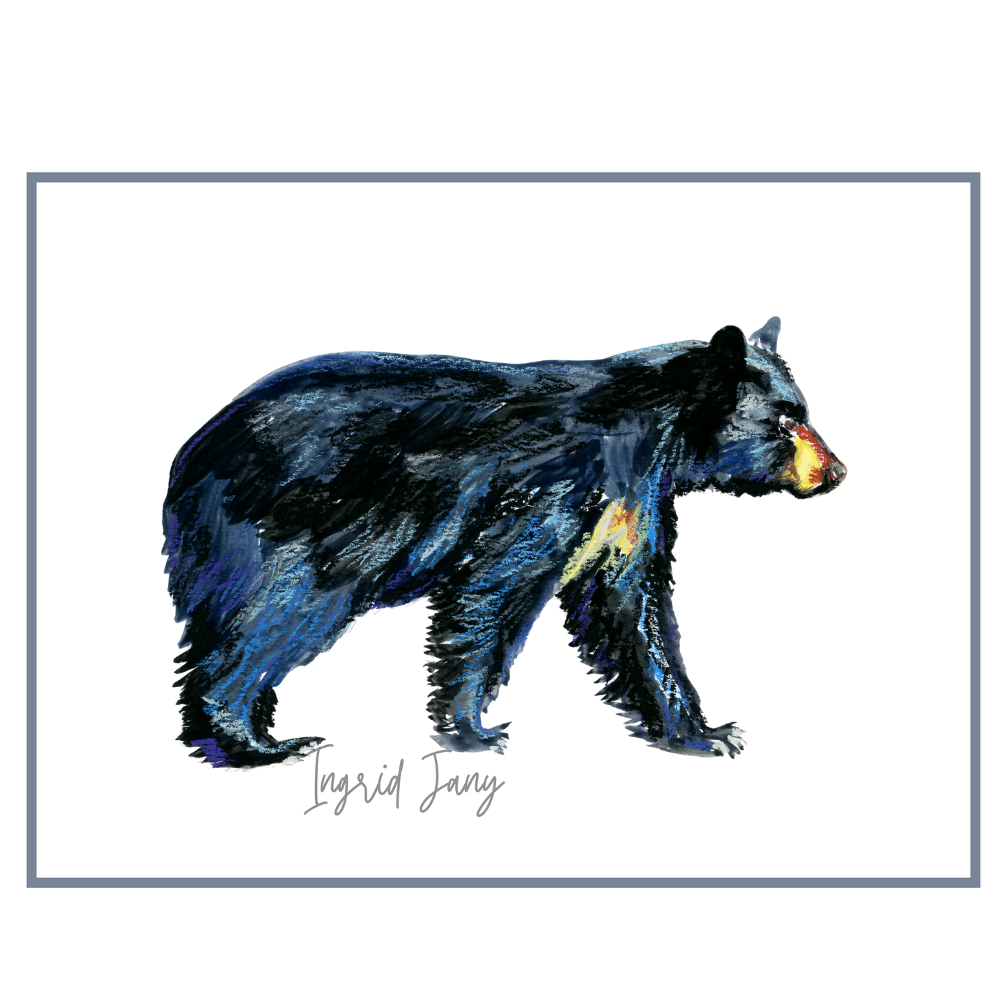 Colorful bear illustration with 'Ingrid Jany  signature on a white background