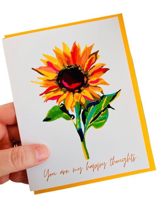 Colorful sunflower greeting card with “You Are My Happy Thoughts” message by artist Ingrid Jany