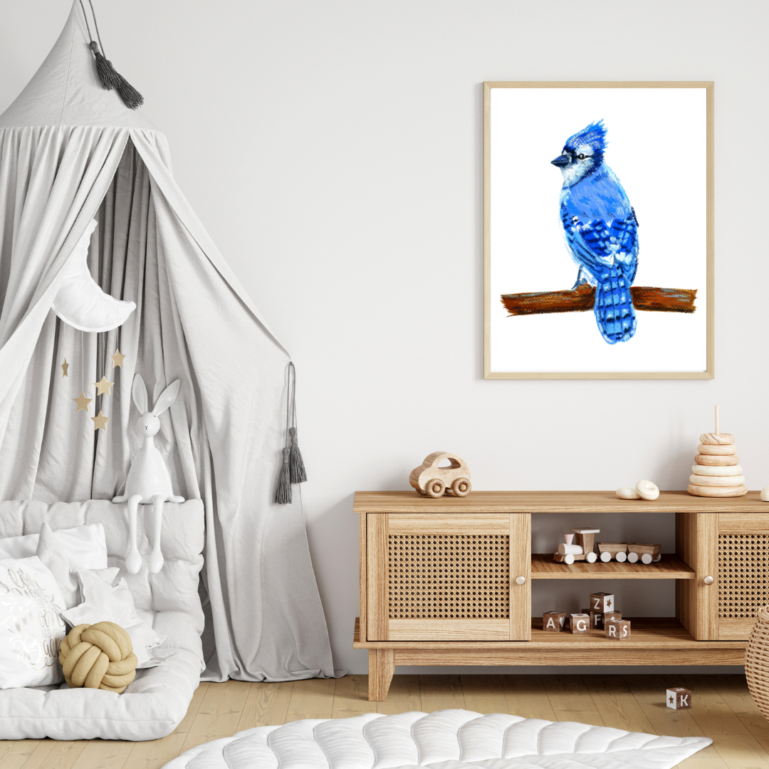 Oil Pastels Blue Jay Drawing Print