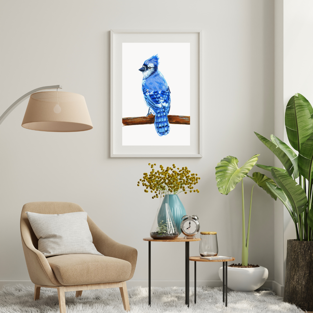 Oil Pastels Blue Jay Drawing Print