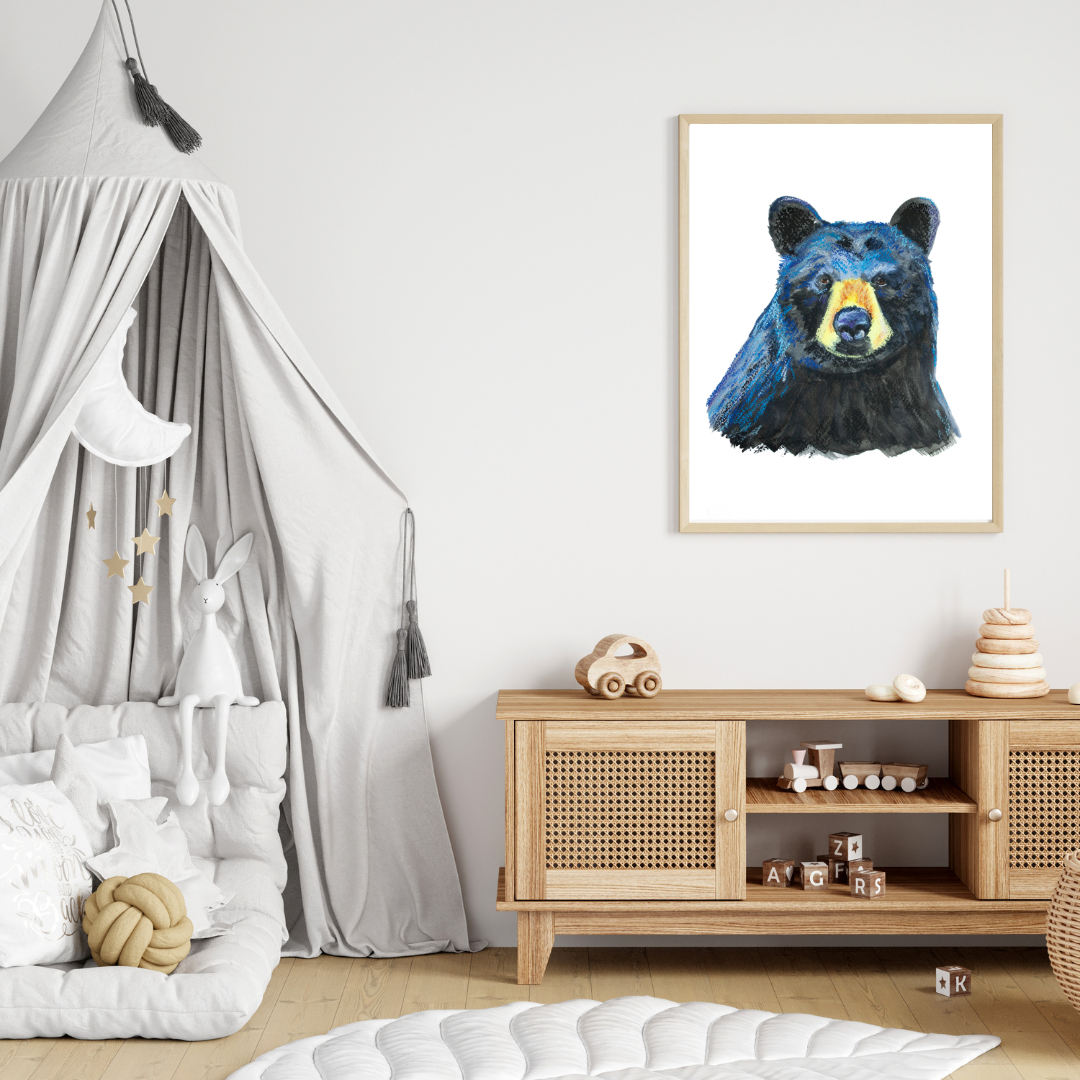 Children's room with a bear painting on the wall, wooden cabinet, and play area.