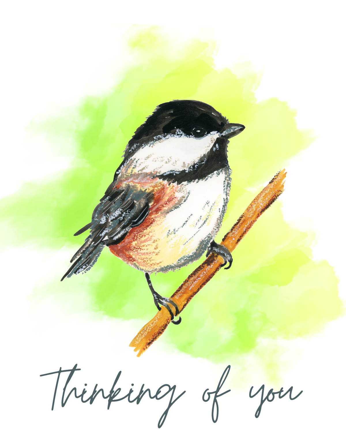 Chickadee Thinking of You greeting card with original oil pastel artwor
