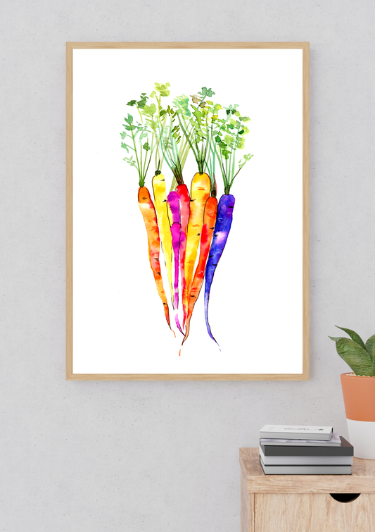 Watercolor Rainbow Carrots Print – Colorful Vegetable Illustration Wall Art
