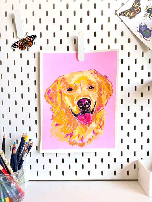 Colorful painting of a dog on a pink background, hanging on a pegboard with stationery items.