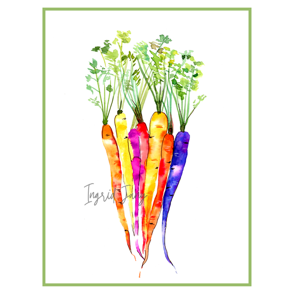 Colorful carrots with green tops on a white background, artist's signature visible.