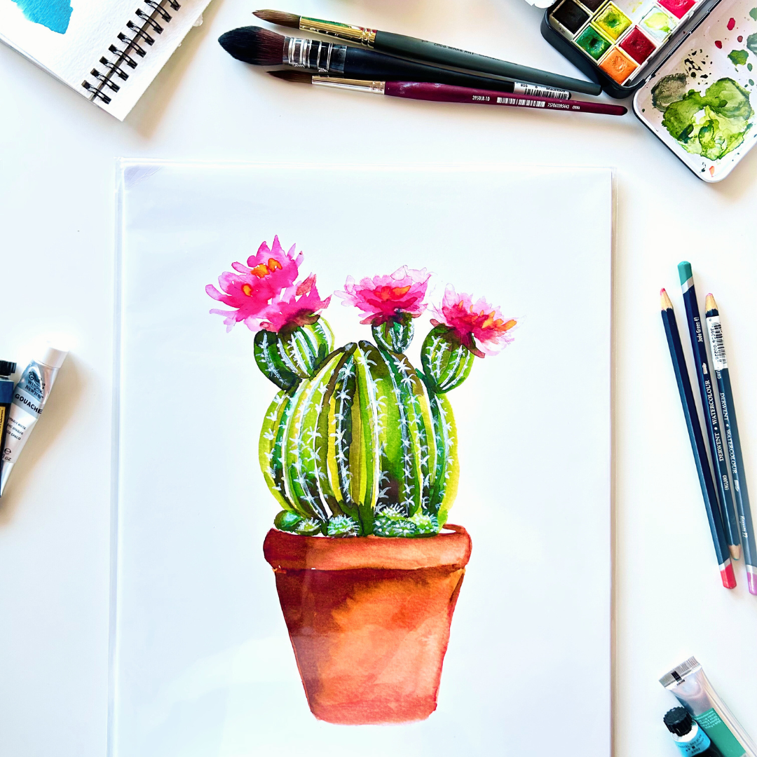 Flowering Cactus Terracota Pot Print